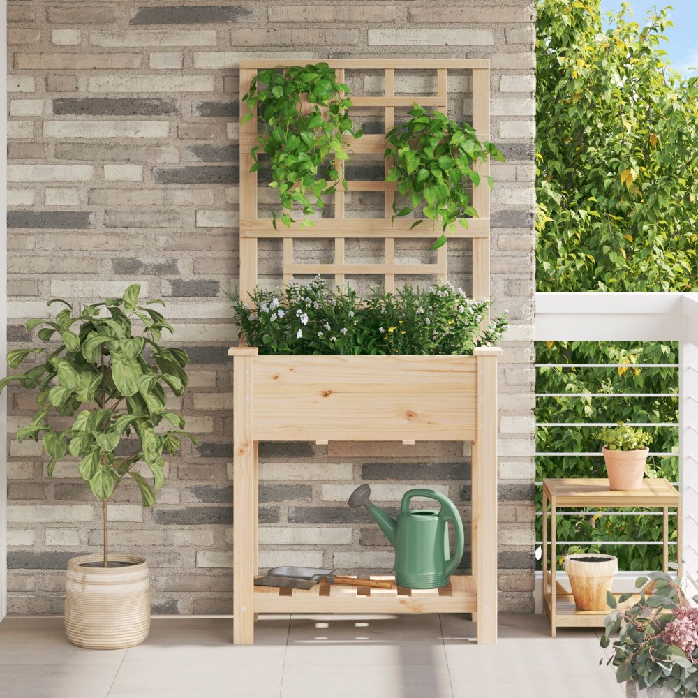 vidaXL Trädgårdsplanterare med spaljé och hylla 71x37x152 cm Massivt Furu