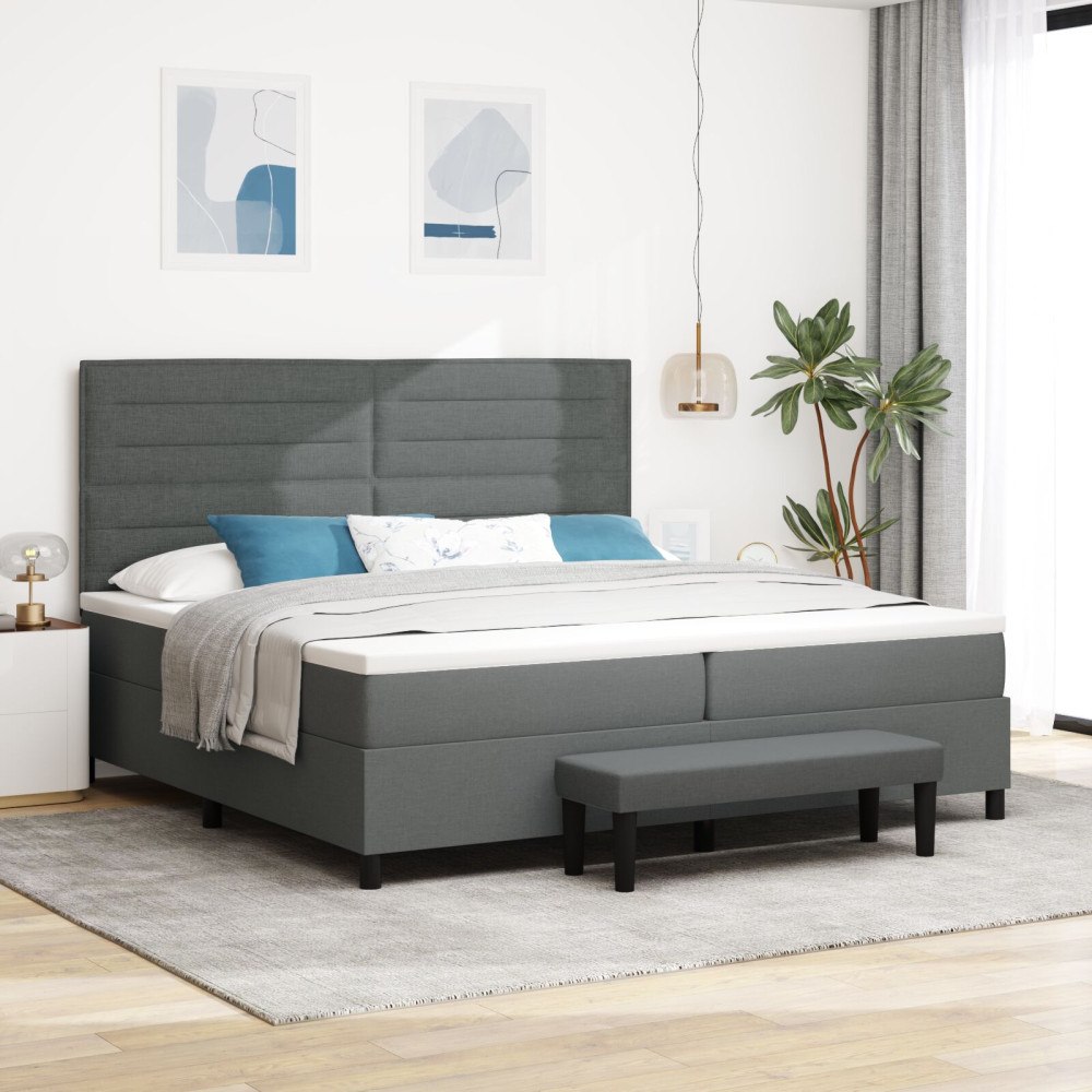 vidaXL Bäddfjäder med madrass med huvudgavel Mörkgrå 200 x 200 cm tyg