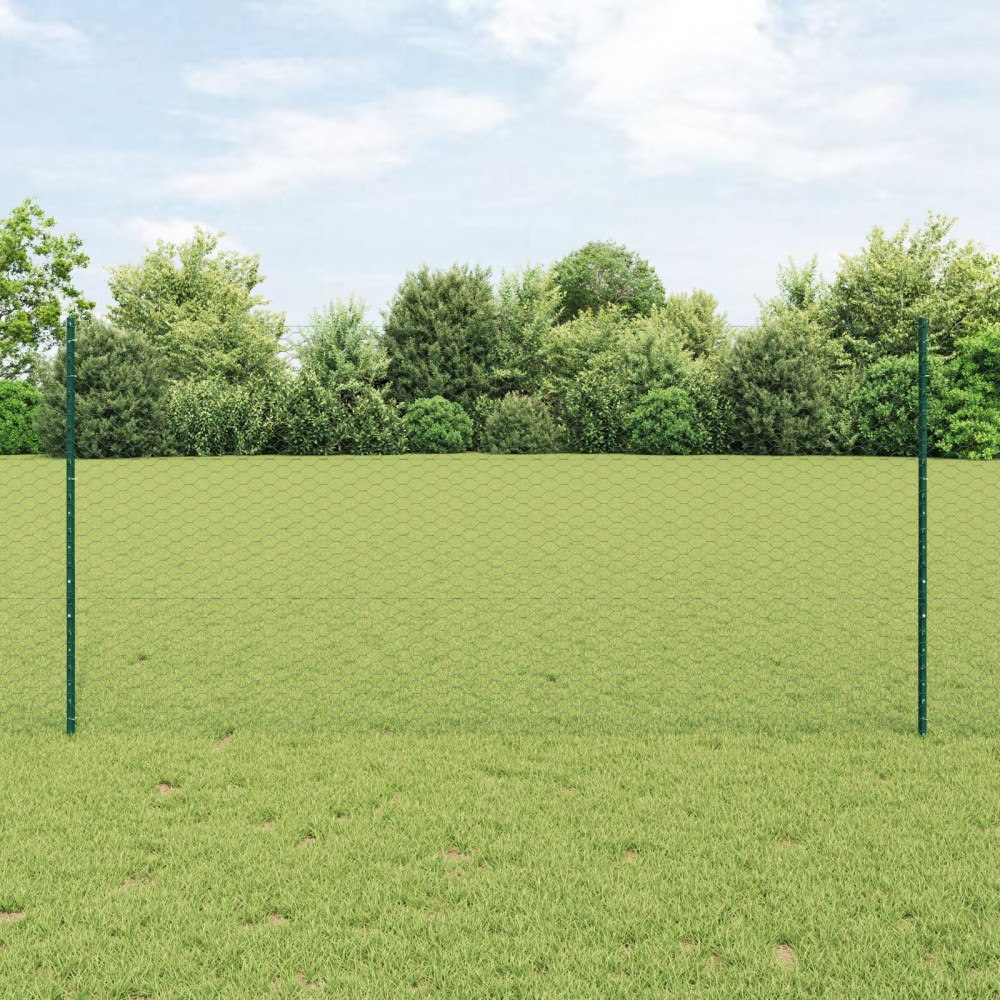 vidaXL Sexkantigt staket med stolpe 25 x 1,2 m PVC-belagda stål Grön