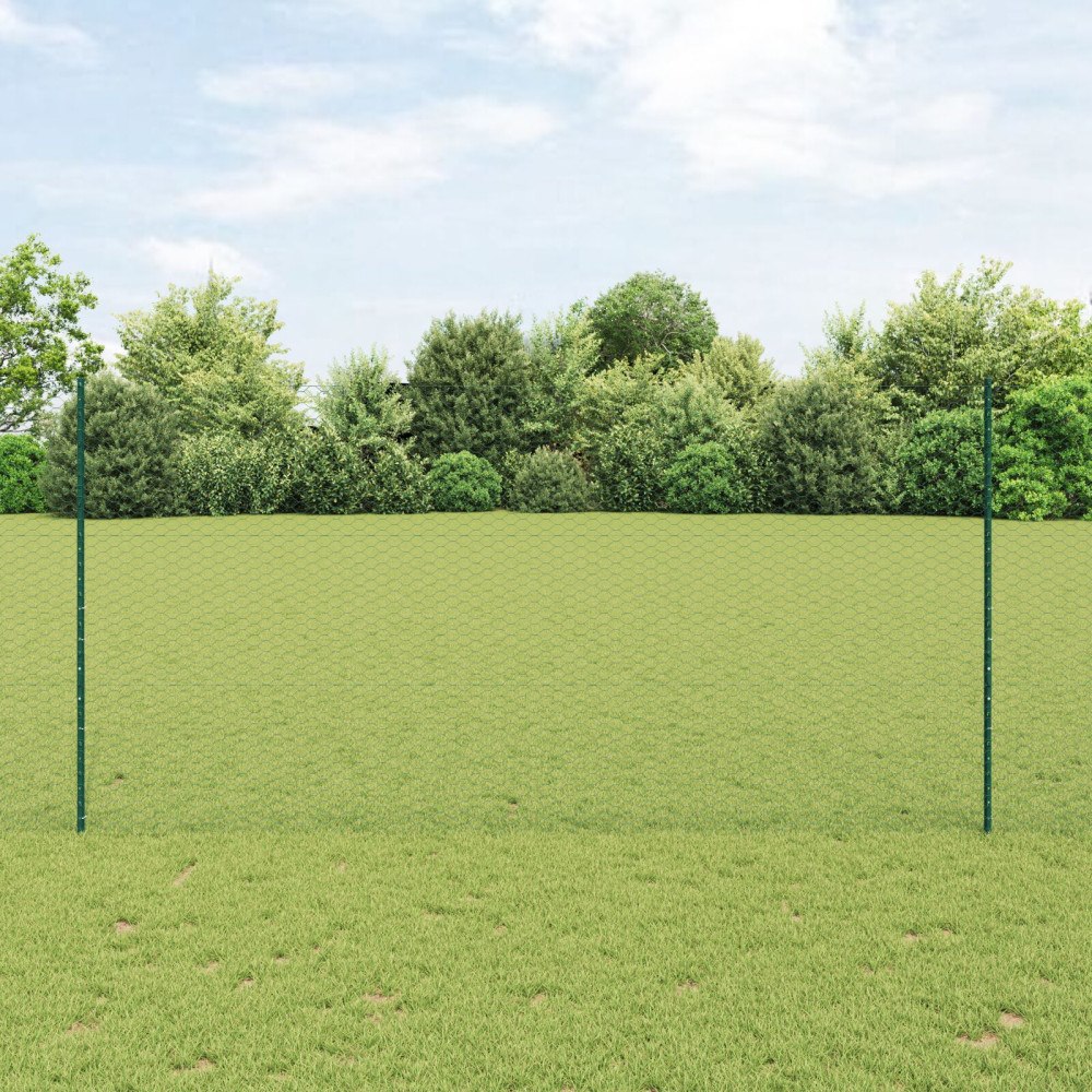 vidaXL Sexkantigt staket med stolpe 25 x 1,5 m PVC-belagda stål Grön