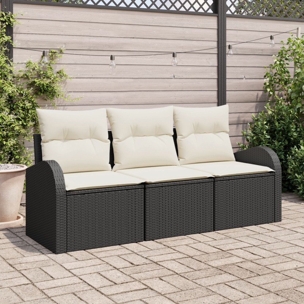 vidaXL Trädgårdsoffset med kudde 3 pcs Svart Poly rattan