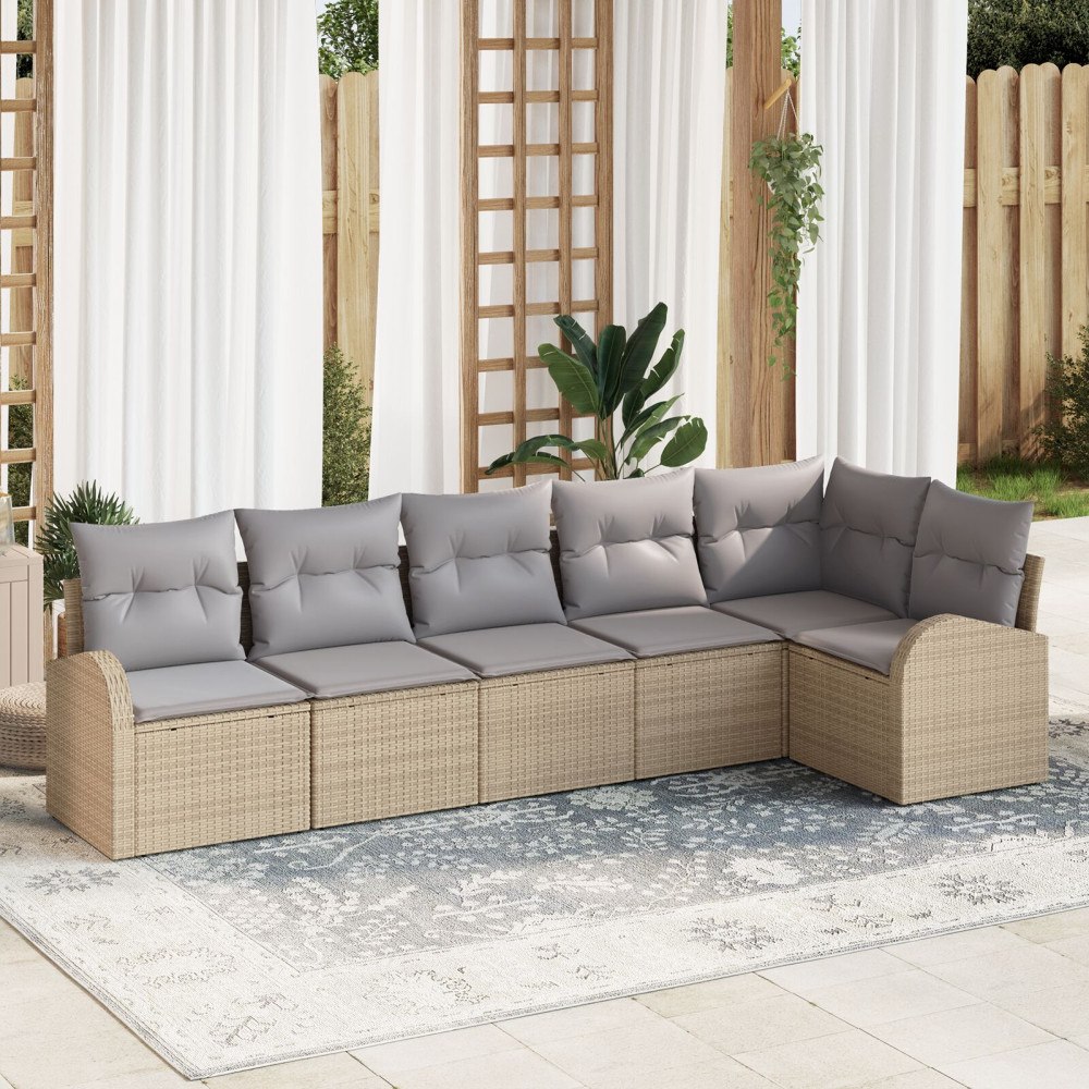 vidaXL Trädgårdsoffset med kudde 6 pcs Beige Poly rattan