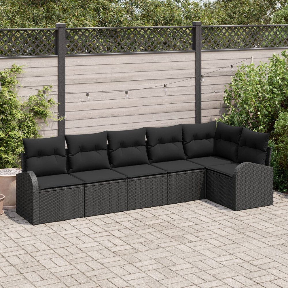 vidaXL Trädgårdsoffset med kudde 6 pcs Svart Poly rattan