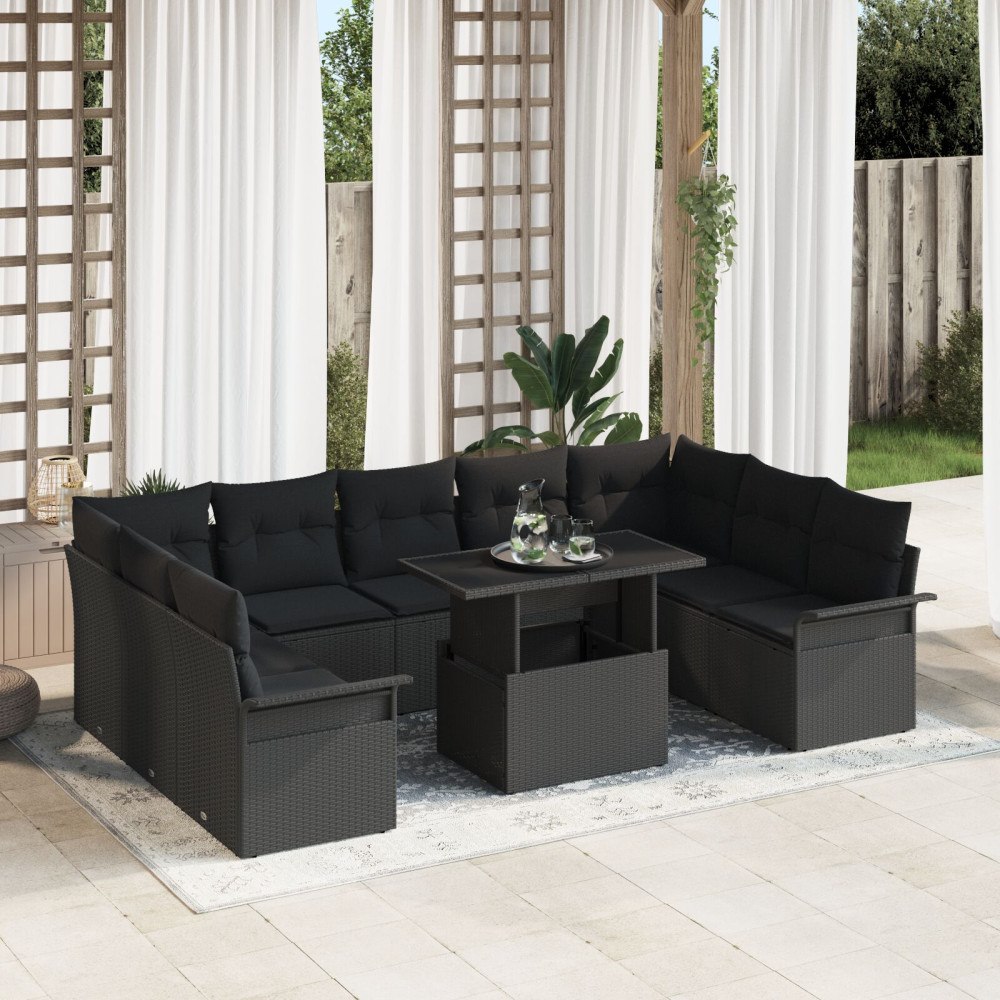 vidaXL Trädgårdsoffset 10 st Svart Poly rattan