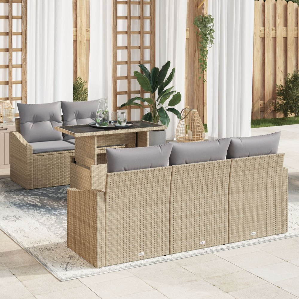 vidaXL 6 delar trädgårdsoffa med kuddar beige poly rotting