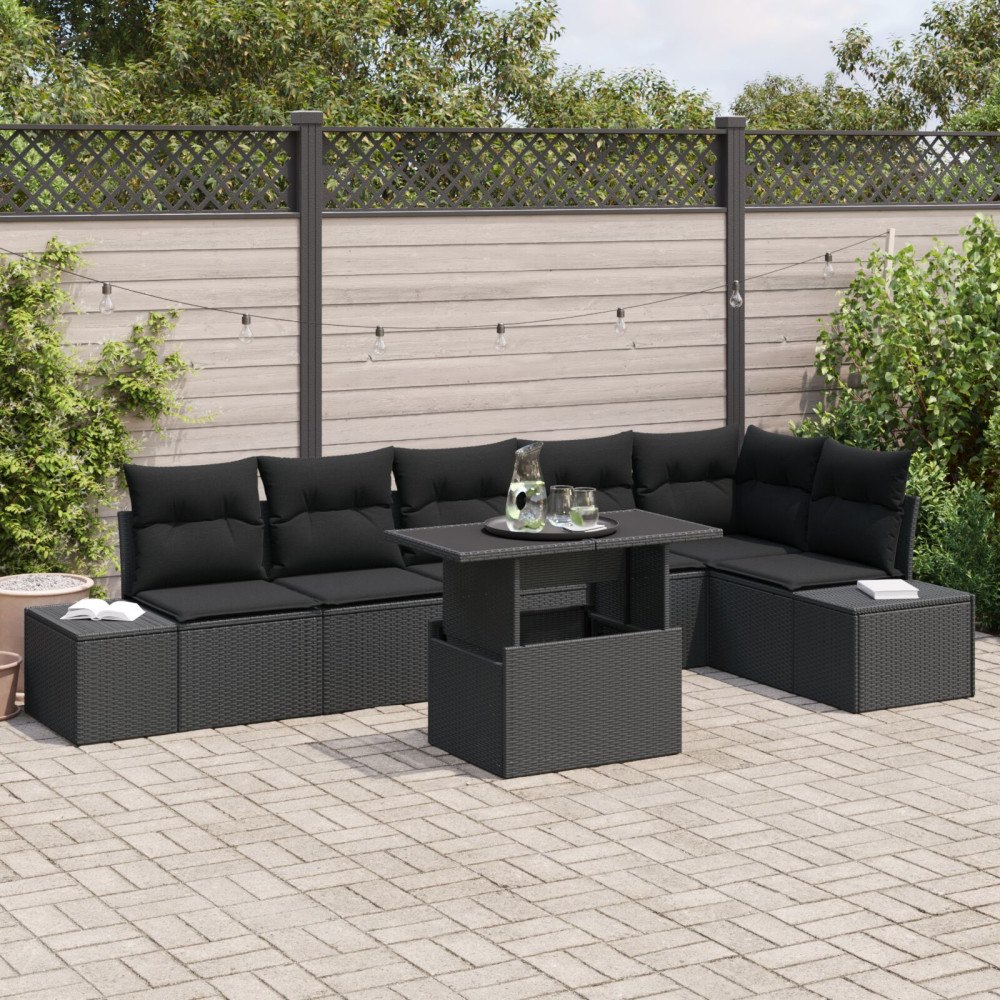 vidaXL 7-delat trädgårdsoffaset med kuddar Svart Poly Rattan