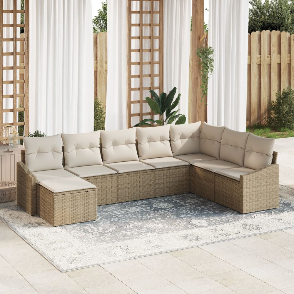 vidaXL 8-delat trädgårdsset med kuddar beige poly rattan