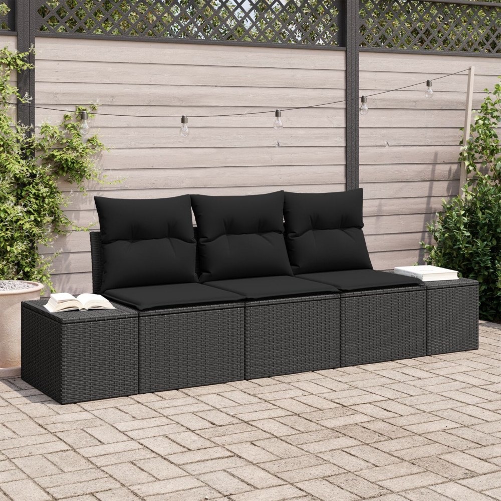 vidaXL 3-delars Trädgårdsoffset med Kuddar Svart Poly Rattan