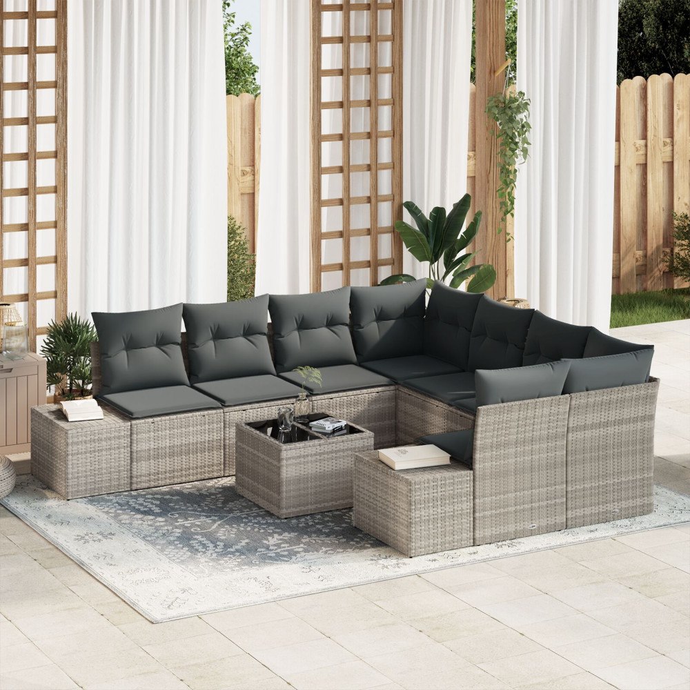 vidaXL 9-delars trädgårdsofa set med kuddar Ljusgrå Polyrotting