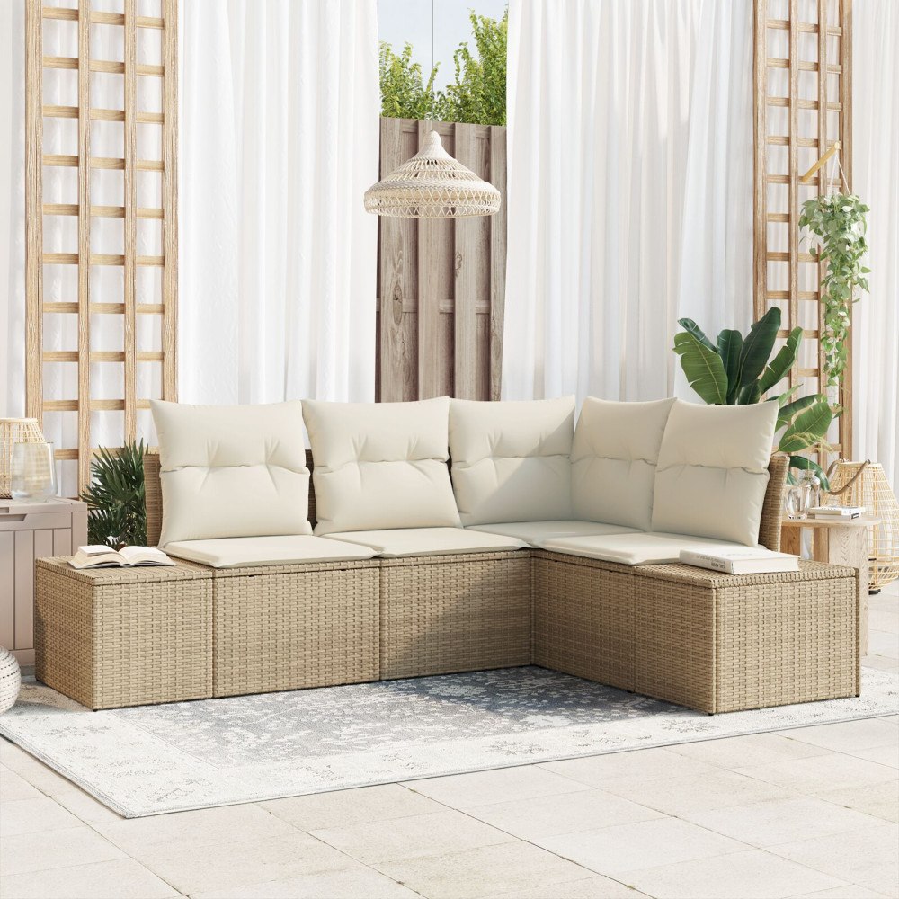 vidaXL 4 Delar Trädgårdsoff Set med Dynor Beige Poly Rattan