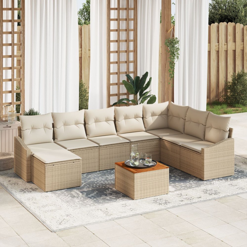 vidaXL 9-delars trädgårdsoffasett med kuddar Beige Konstrotting Akacia