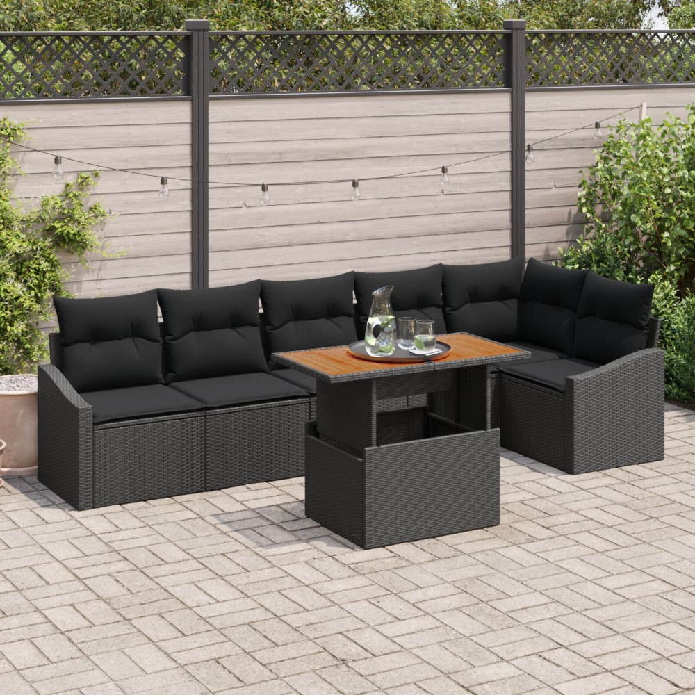 vidaXL Trädgårdsoffset 7 st Svart Poly rattan