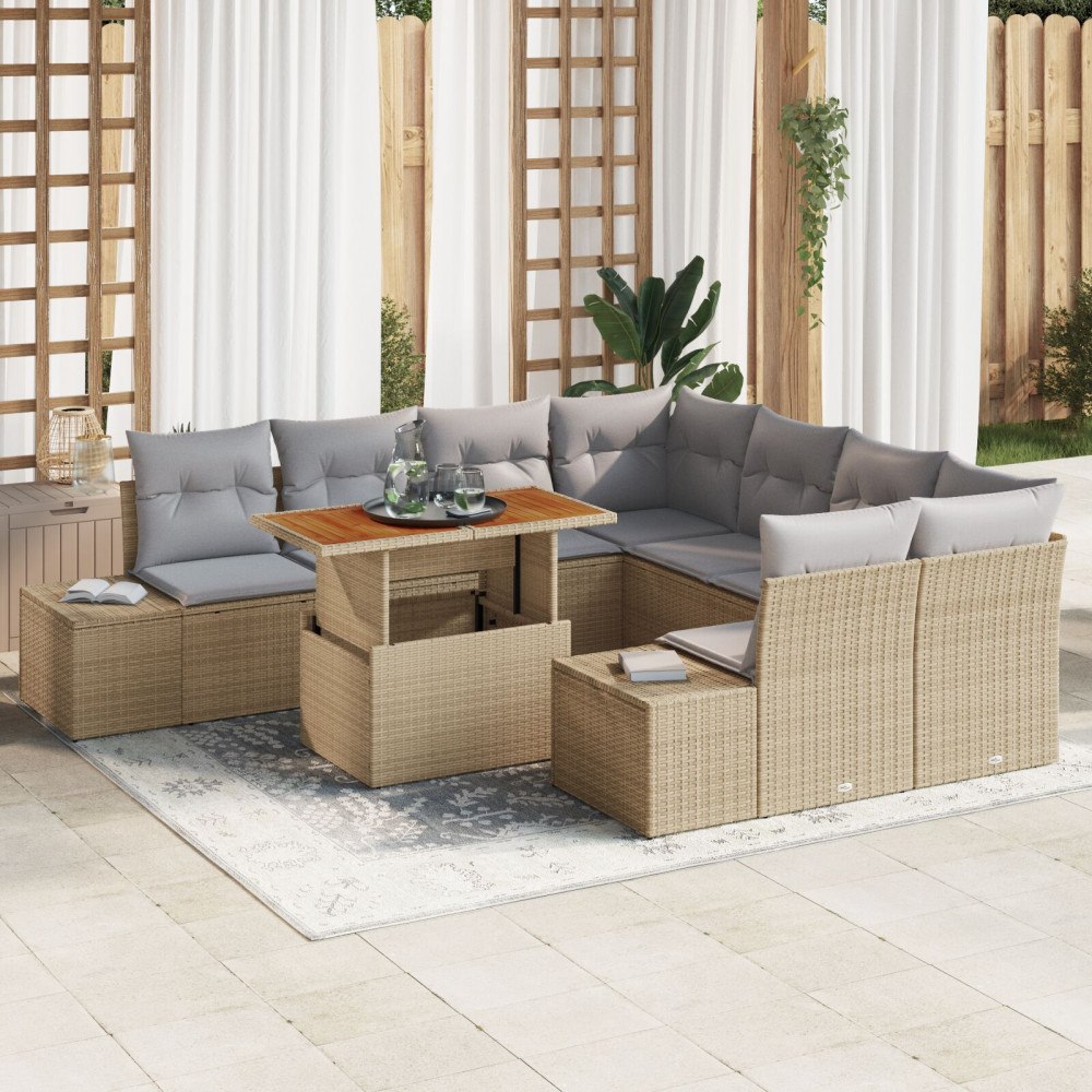 vidaXL Trädgårdsoffset 9 st Beige Poly rattan