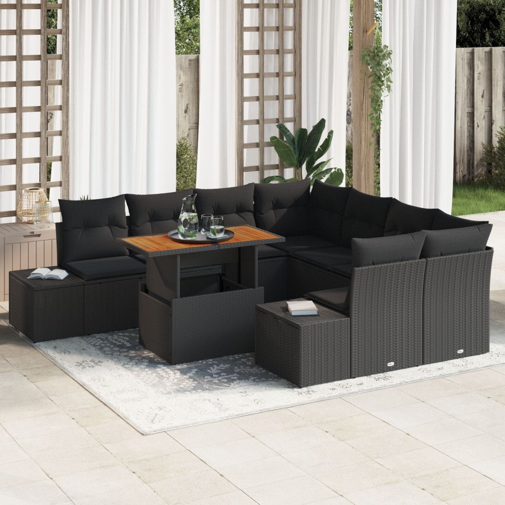 vidaXL Trädgårdsoffset 9 st Svart Poly rattan