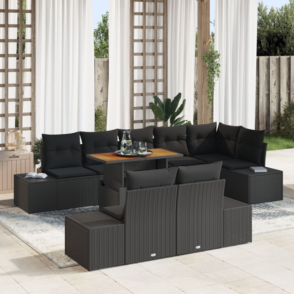 vidaXL Trädgårdsoffset 9 st Svart Poly rattan