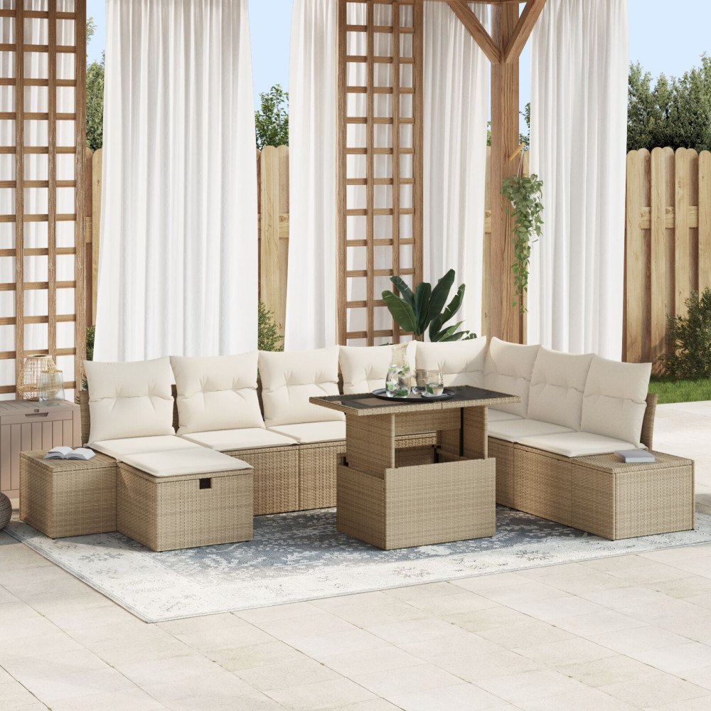 vidaXL Trädgårdsoffset 9 st Beige konstrotting