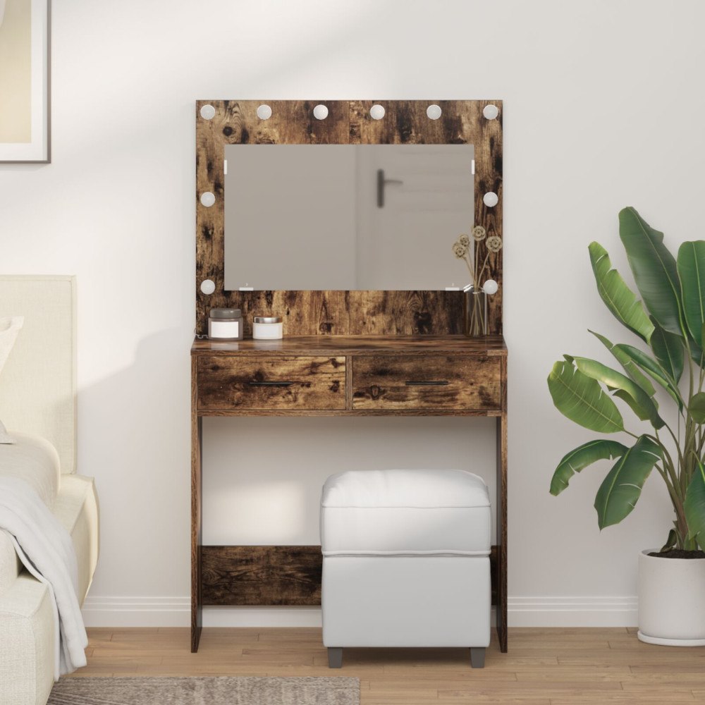 vidaXL Sminkbord med LED-lampor rökt ek 78,5x41x135 cm
