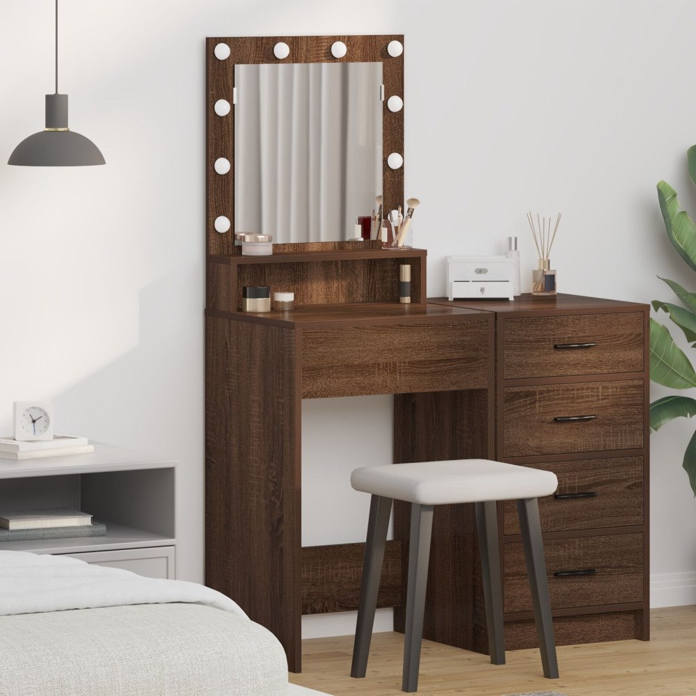 vidaXL Sminkbord med LED-lampor brun ek 50x41x135 cm