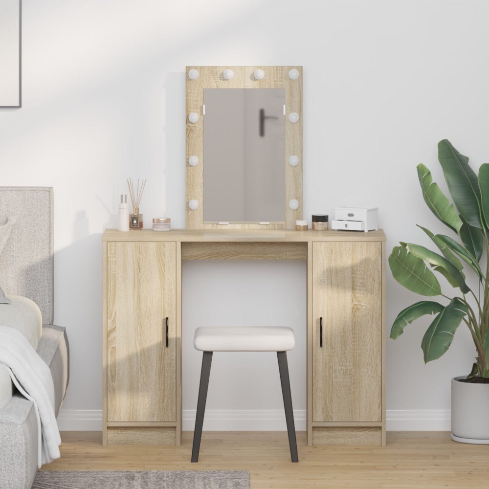 vidaXL Sminkbord med LED-lampor sonoma-ek 102x33x135 cm