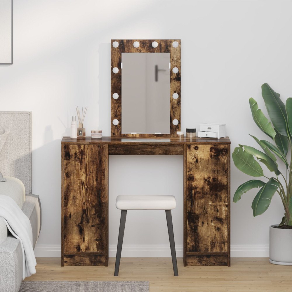 vidaXL Sminkbord med LED-lampor rökt ek 102x33x135 cm