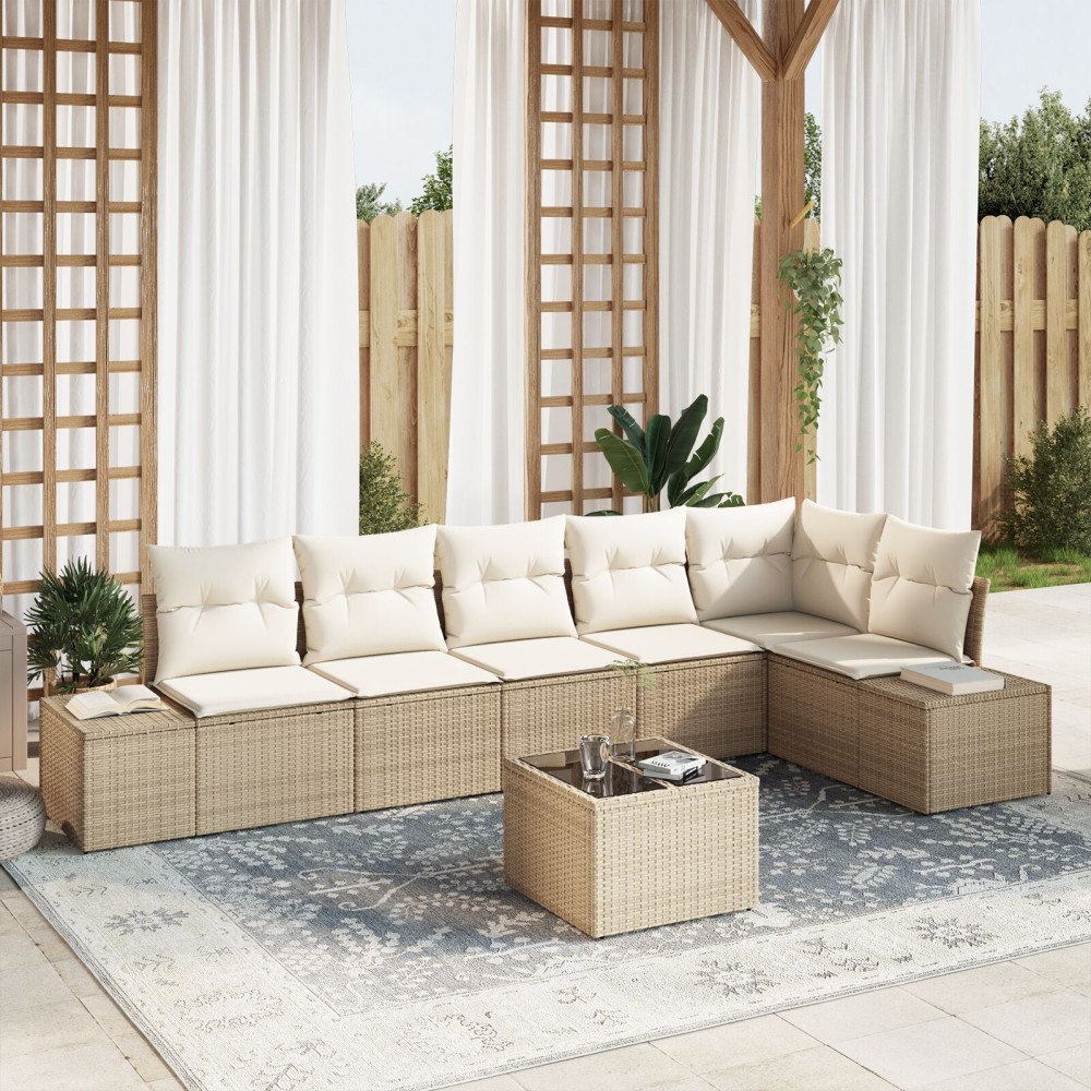 vidaXL Trädgårdsoffset 7 st Beige och gräddfärgad konstrotting