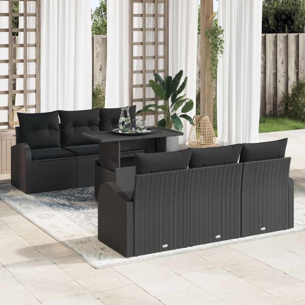 vidaXL Trädgårdsoffset 7 st Svart Poly rattan