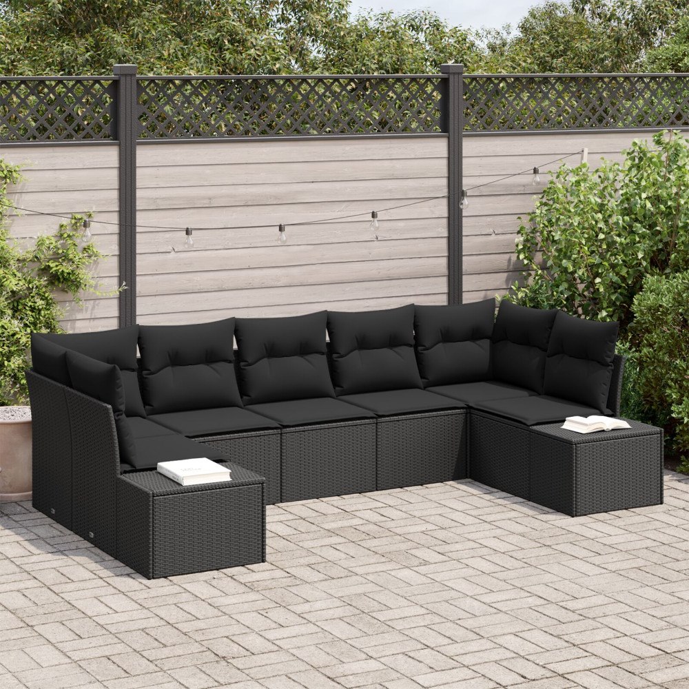 vidaXL Trädgårdsoffset 7 st 7-Antal sittplatser Svart Poly rattan