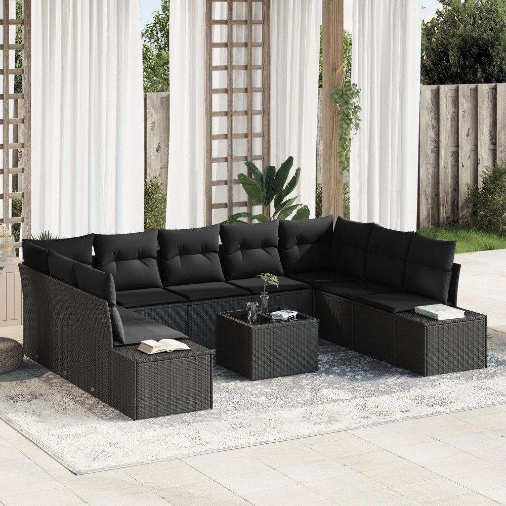 vidaXL Trädgårdsoffset 9 st 8-Antal sittplatser Svart Polyrattan