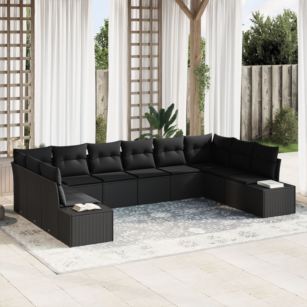 vidaXL Trädgårdsoffset 10 st 9-Antal sittplatser Svart Polyrattan