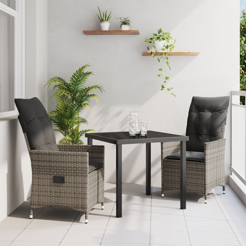 vidaXL 3-delars trädgårds matgrupp med kuddar Grå Poly Rattan