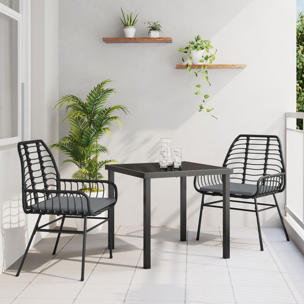 vidaXL 3-delars trädgårds matsets med kuddar svart poly rattan