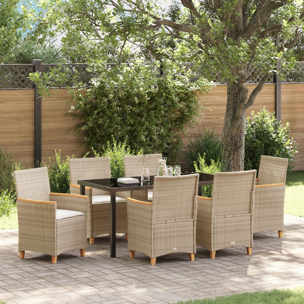 vidaXL 7-delat Trädgårdsserveringsset med Kuddar Beige Poly Rattan