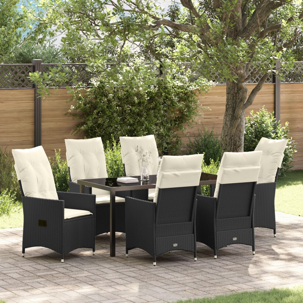 vidaXL 7 Delars Trädgårdsdining Set med Kuddar Svart Poly Rattan