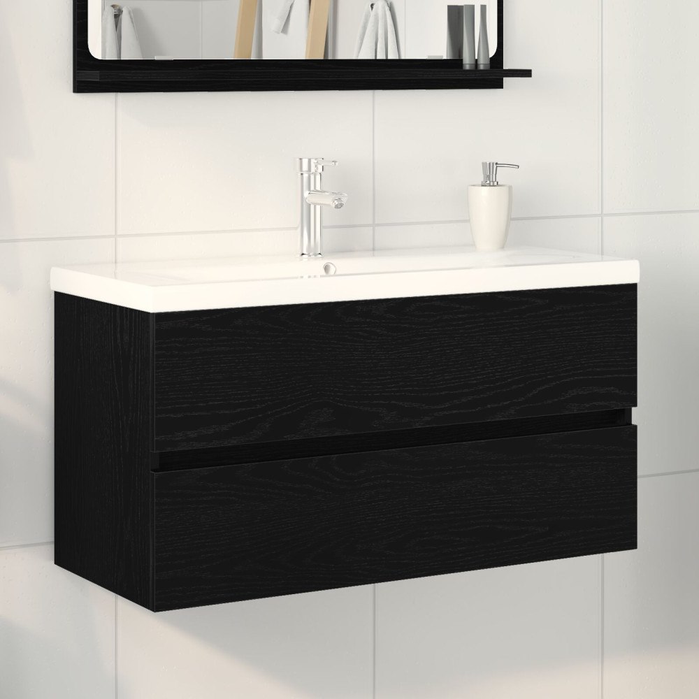 vidaXL Diskbänksskåp med inbyggt handfat Svart ek Konstruerat trä, vidaXL Diskbänksskåp Svart ek 90x38,5x45 cm Konstruerat trä