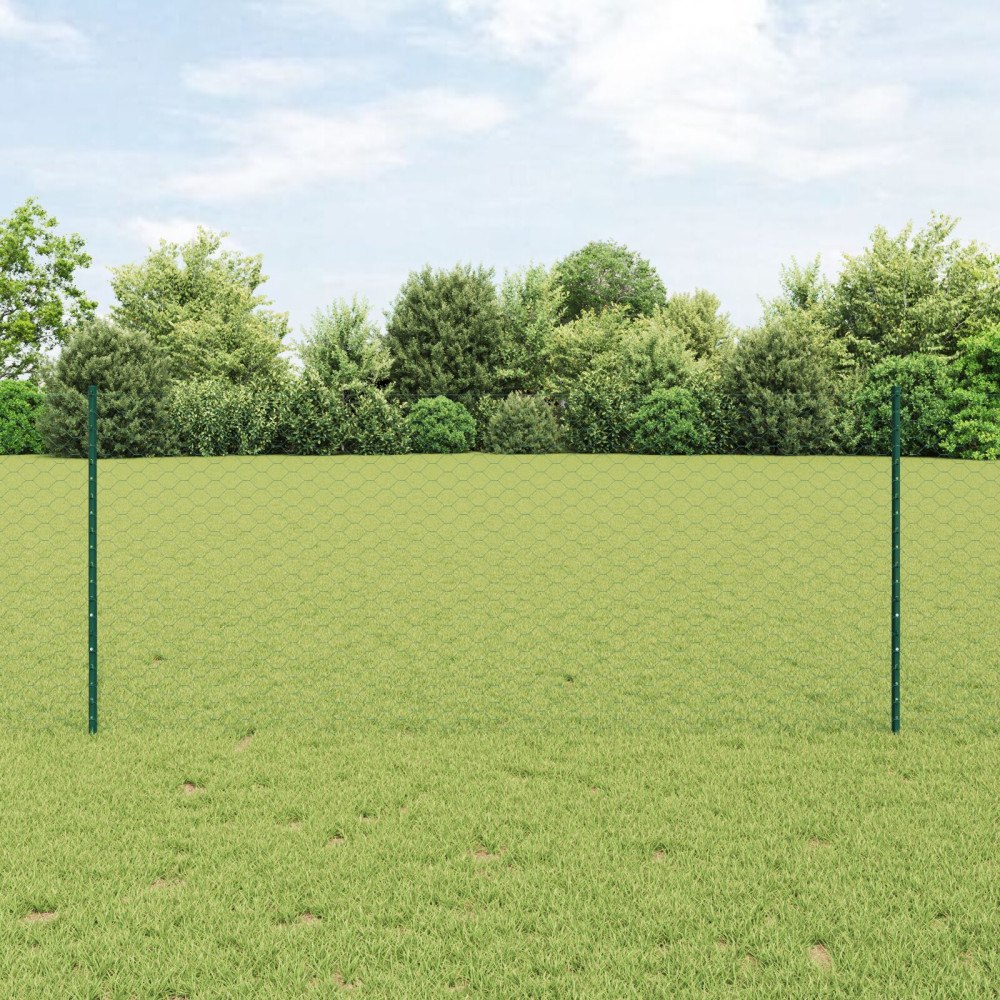vidaXL Staketstolpar 5 st U-Kanal Grön 100 cm Stål, vidaXL Hexagonstaket Grön 1x10 m Stål