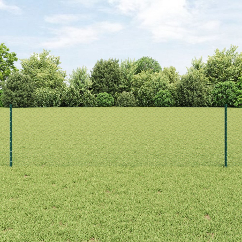 vidaXL Sexkantigt staket med stolpe 25 x 0,6 m PVC-belagda stål Grön