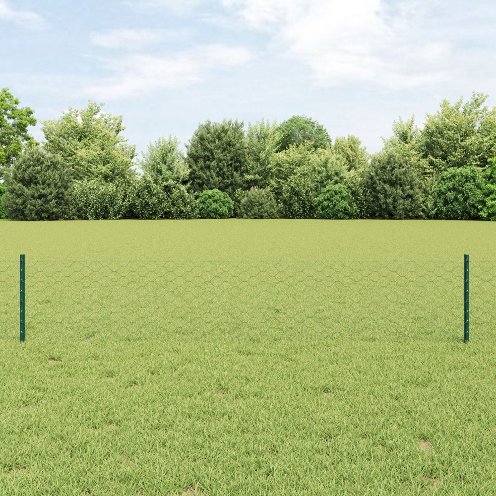 vidaXL Staketstolpar 11 st U-Kanal Grön 40 cm Stål, vidaXL Hexagonstaket Grön 0.4x100 m Stål