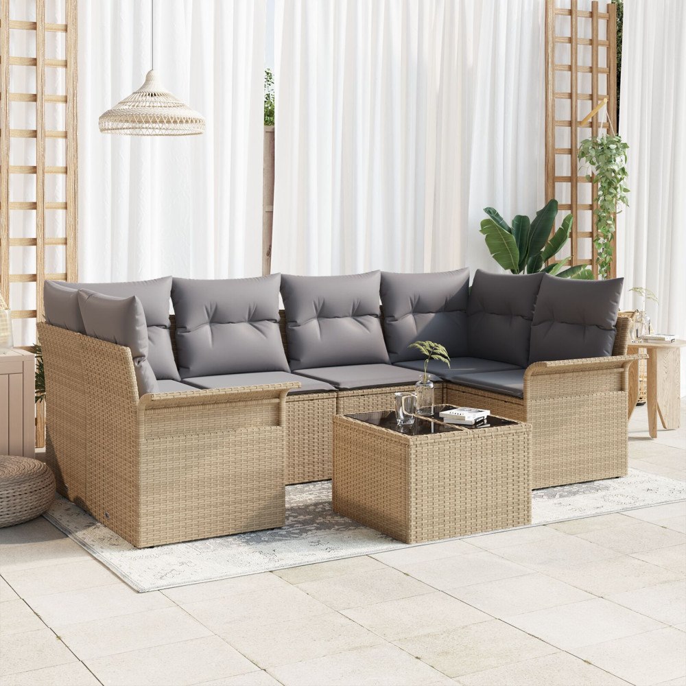vidaXL Trädgårdsoffset 7 st Beige konstrotting