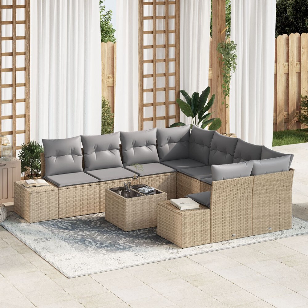 vidaXL Trädgårdsoffset 9 st Beige konstrotting