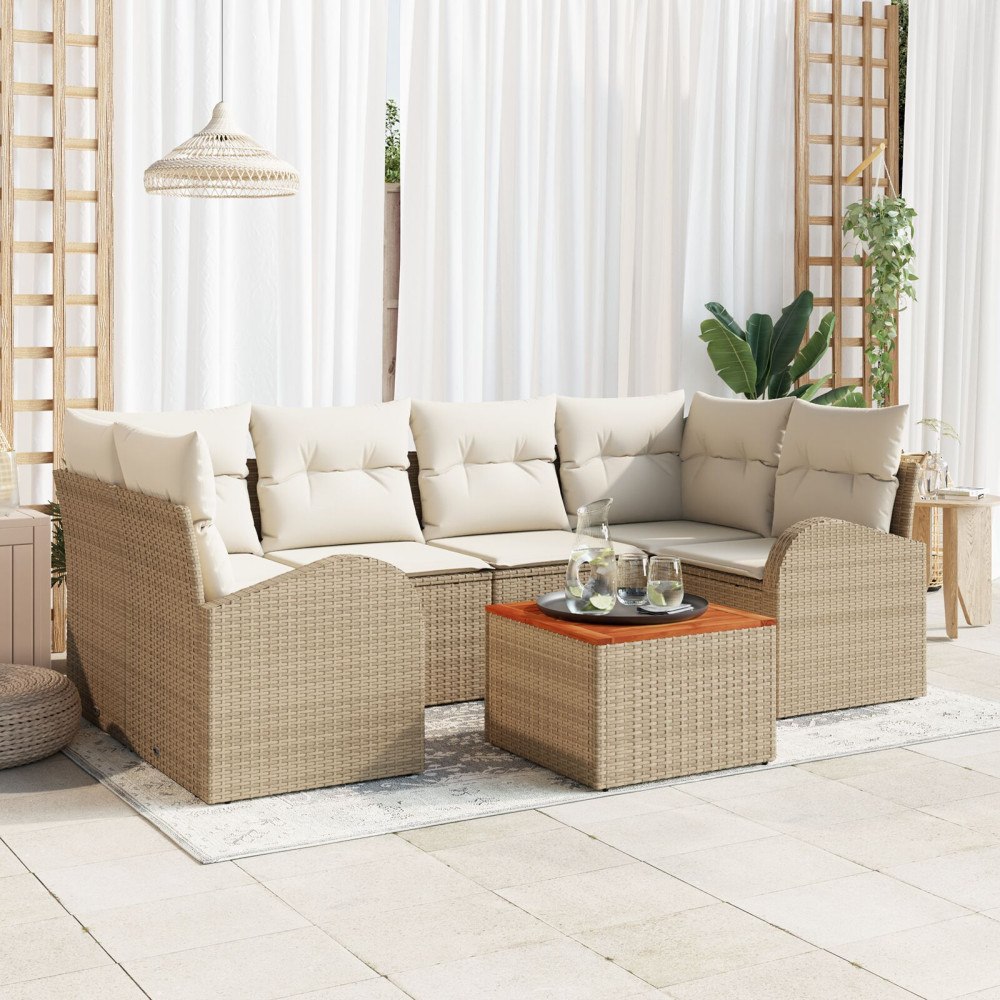 vidaXL 7-delars trädgårdsmöbelset med kuddar Beige Poly Rattan Akacia