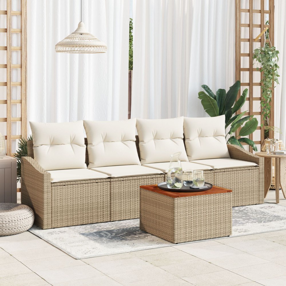vidaXL 5 Delar Trädgårdsoffa Set med Kuddar Beige Poly Rattan Akacia