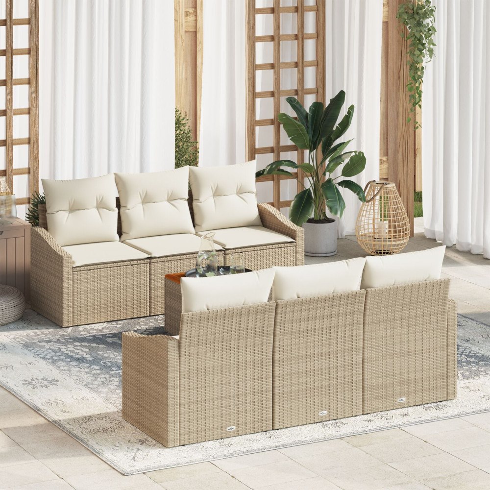 vidaXL 7-delat Trädgårdsoff Set med Kuddar Beige Poly Rattan Akacia