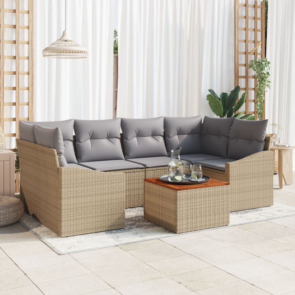 vidaXL 7-delat trädgårdssoffset med kuddar Beige polyrotting Acacia