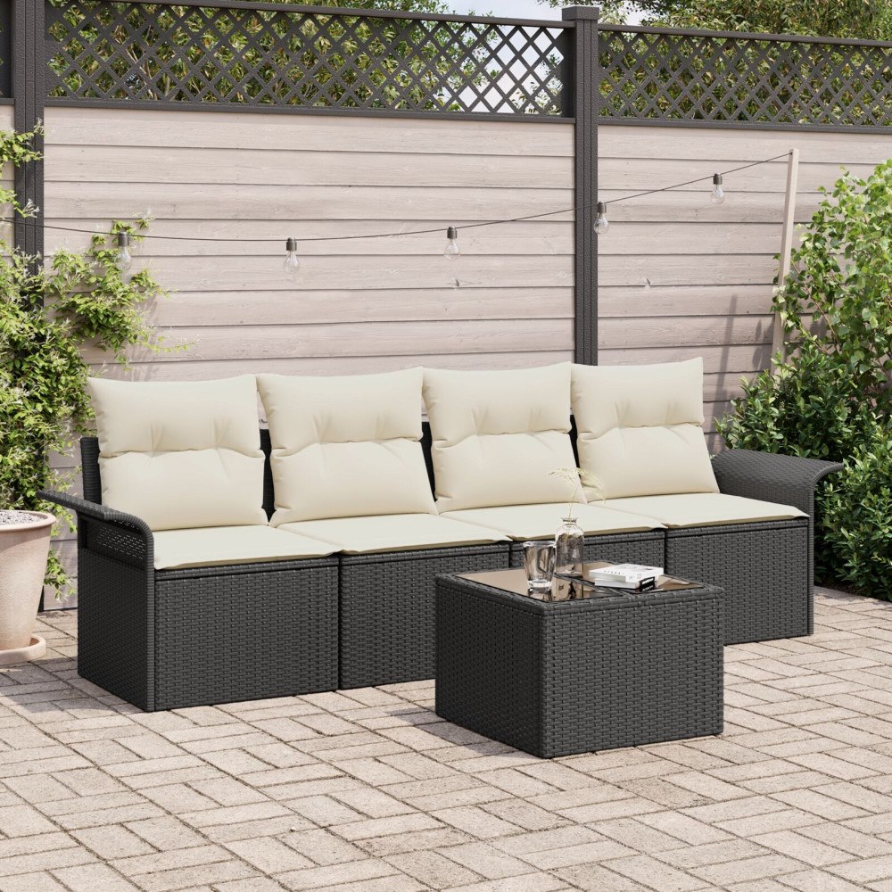 vidaXL 5-delat Trädgårdsoffaset med Kuddar Svart Poly Rattan, vidaXL 2-sits Trädgårdsoffa med Förvaring & Kuddar Svart Poly Rat...