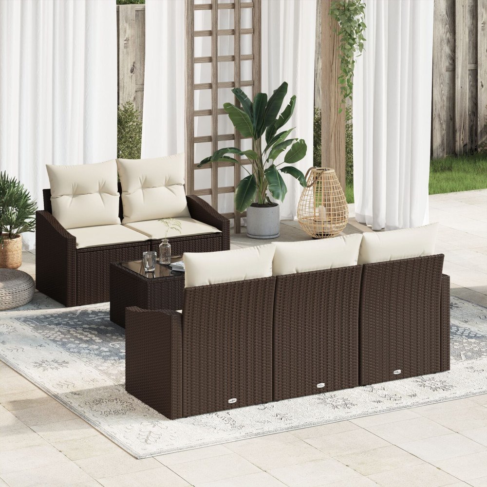 vidaXL 6 Delar Trädgårdsofa Set med Kuddar Brun Poly Rattan