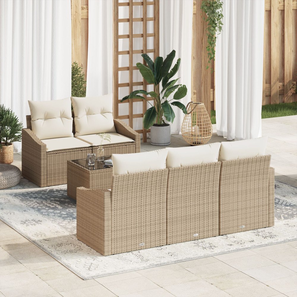 vidaXL 6-delat trädgårdsoffaset med kuddar Beige Poly Rattan