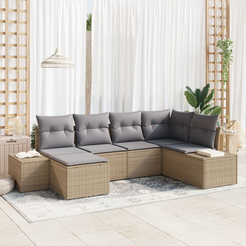 vidaXL 6-delad trädgårdsoff-set med kuddar beige poly rotting