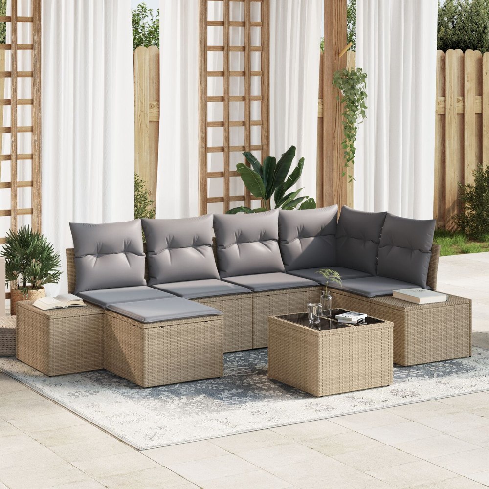vidaXL 7-delat Trädgårdsoff set med kuddar, svart poly rattan