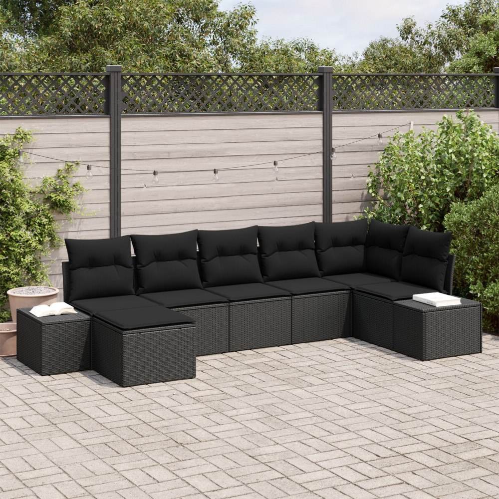 vidaXL 7-delat Utemöbelset med Dynor Svart Poly Rattan