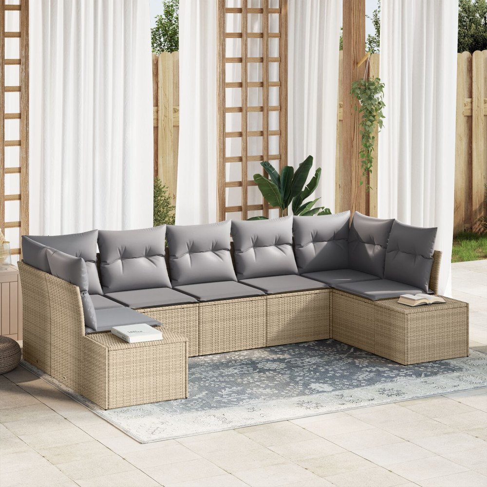 vidaXL 7-delars trädgårdsoffaset med kuddar beige polyrotting